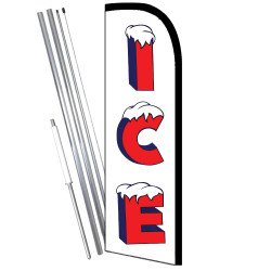 ICE (White/Red) Windless Feather Flag Bundle (11.5' Tall Flag, 15' Tall Flagpole, Ground Mount Stake)