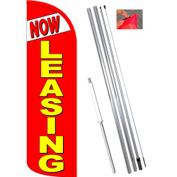 Now Leasing (Red) Windless Feather Flag Bundle (11.5' Tall Flag, 15' Tall Flagpole, Ground Mount Stake)
