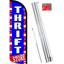 Thrift Store (Patriotic) Windless Feather Flag Bundle (11.5' Tall Flag, 15' Tall Flagpole, Ground Mount Stake)
