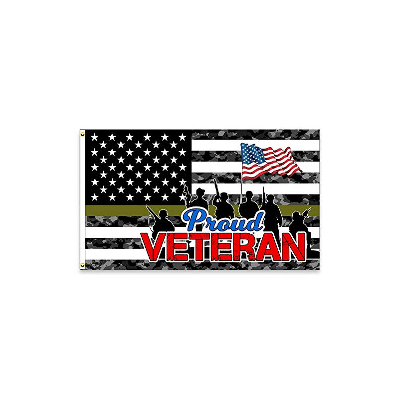 VF Display Proud Veteran USA Flag Pattern (Black) with Thin Green Line Premium 3x5 Polyester Flag (Made in The USA)