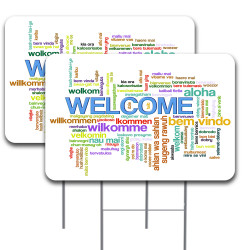 Vista Products 2 Pack Welcome Multilingual Yard Sign 16" x 24" - Double-Sided Print, with Metal Stakes 841098174385