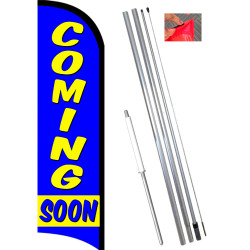 Coming Soon Premium Windless Feather Flag Bundle (11.5' Tall Flag, 15' Tall Flagpole, Ground Mount Stake) Printed in the USA 841