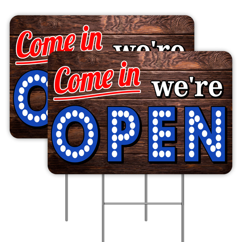 2 Pack Come In We're Open Yard Signs 16" x 24" Double-Sided Print,