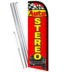 Auto Stereo Premium Windless Feather Flag Bundle (11.5' Tall Flag, 15' Tall Flagpole, Ground Mount Stake) 841098106751