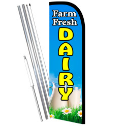 Farm Fresh Dairy Premium Windless Feather Flag Bundle (11.5' Tall Flag, 15' Tall Flagpole, Ground Mount Stake) Printed in the US