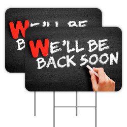 2 Pack We'll Be Back Soon Yard Signs 16" x 24" - Double-Sided Print, with Metal Stakes 841098110581