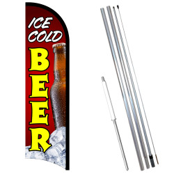 Vista Flags Ice Cold Beer Premium Windless Feather Flag Bundle (11.5' Tall Flag, 15' Tall Flagpole, Ground Mount Stake)
