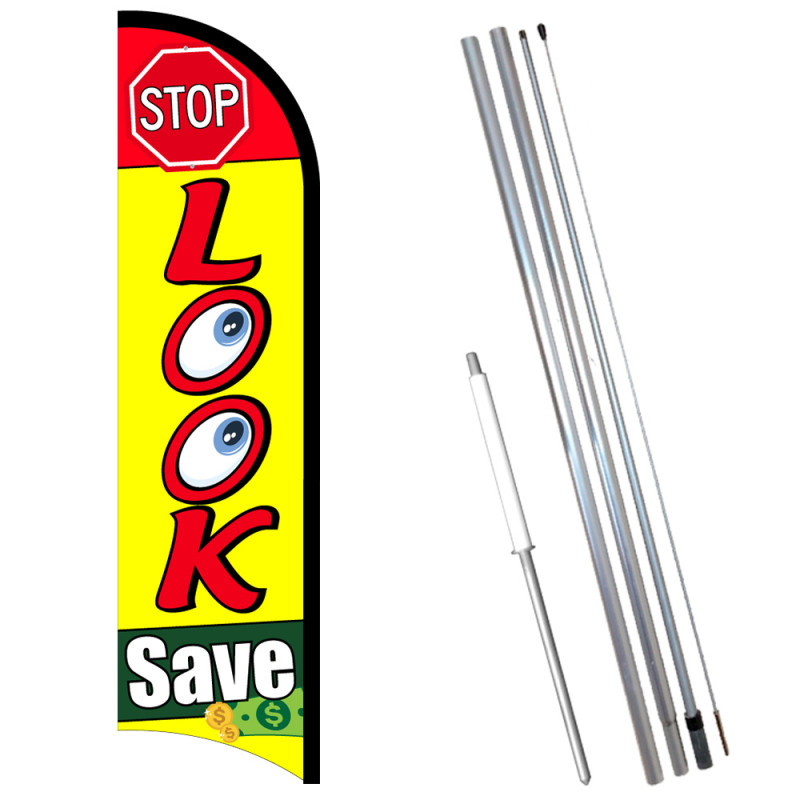 Vista Flags Stop Look Save Premium Windless Feather Flag Bundle (11.5' Tall  Flag, 15' Tall Flagpole, Ground Mount Stake)