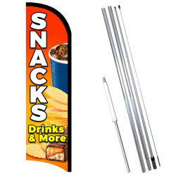 Vista Flags Snacks Drinks & More Premium Windless Feather Flag Bundle (11.5' Tall Flag, 15' Tall Flagpole, Ground Mount Stake)