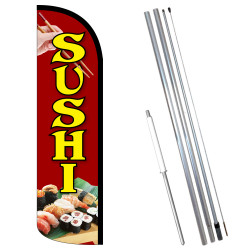 Vista Flags Sushi Premium Windless Feather Flag Bundle (11.5' Tall Flag, 15' Tall Flagpole, Ground Mount Stake)
