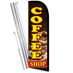 Coffee Shop Premium Windless Feather Flag Bundle (11.5' Tall Flag, 15' Tall Flagpole, Ground Mount Stake) Printed in the USA 841