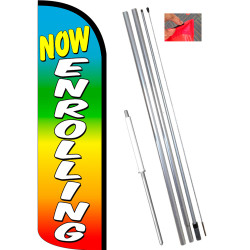 Now Enrolling Premium Windless Feather Flag Bundle (11.5' Tall Flag, 15' Tall Flagpole, Ground Mount Stake) Flag Printed in the 