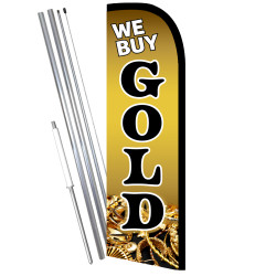 Vista Flags We Buy Gold Premium Windless Feather Flag Bundle (11.5' Tall Flag, 15' Tall Flagpole, Ground Mount Stake) Made in Th