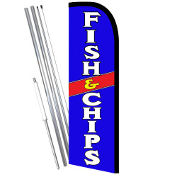 Fish & Chips Premium Windless Feather Flag Bundle (11.5' Tall Flag, 15' Tall Flagpole, Ground Mount Stake) Printed in The USA
