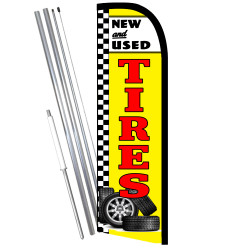 NEW & USED TIRES Premium Windless Feather Flag Bundle (11.5' Tall Flag, 15' Tall Flagpole, Ground Mount Stake) Printed in the US