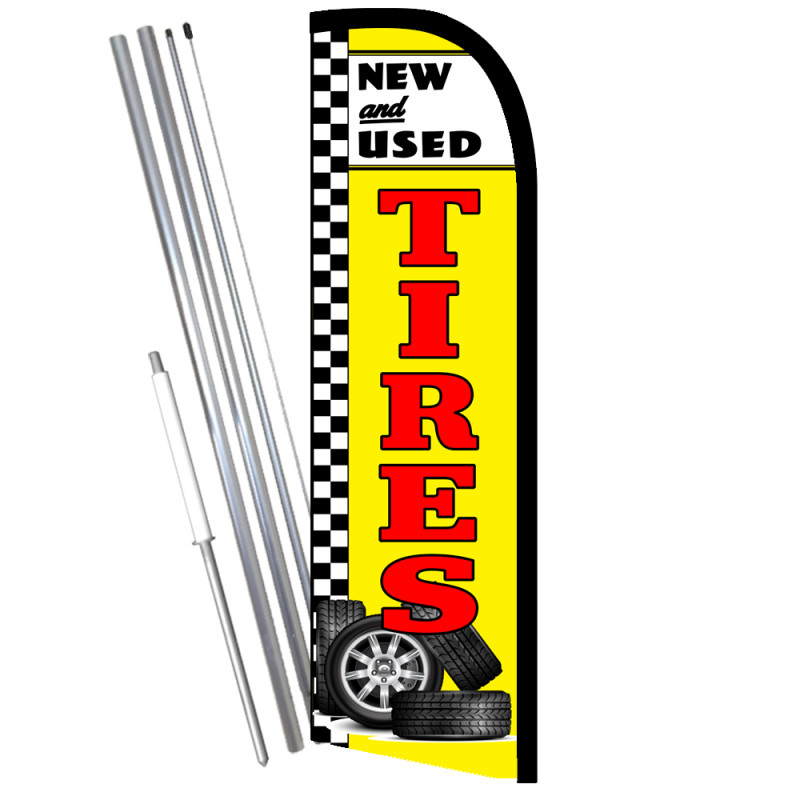 NEW  USED TIRES Premium Windless Feather Flag Bundle (11.5' Tall Flag, 15'  Tall Flagpole, Ground Mount Stake) Printed in the US