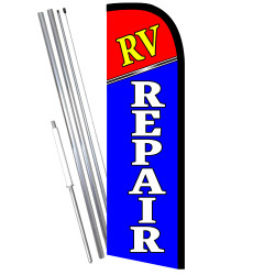 RV Repair Premium Windless Feather Flag Bundle (11.5' Tall Flag, 15' Tall Flagpole, Ground Mount Stake)