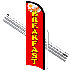 Breakfast Premium Windless Feather Flag Bundle (11.5' Tall Flag, 15' Tall Flagpole, Ground Mount Stake) Made in the USA