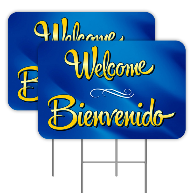2 Pack Welcome Bienvenido Yard Signs 16" x 24" - Double-Sided Print, with Metal Stakes 841098110604