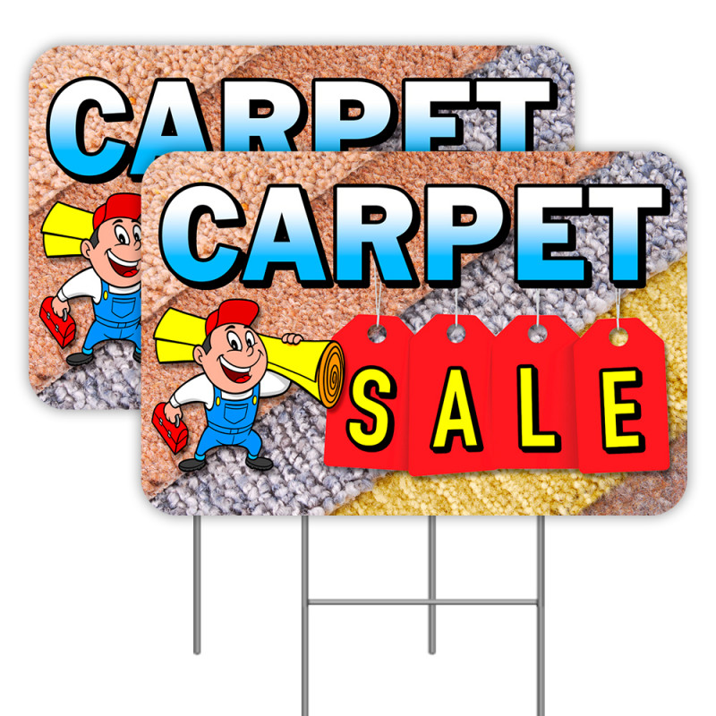 2 Pack Carpet Sale Yard Signs 16" x 24" - Double-Sided Print, with Metal Stakes 841098110611