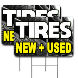 2 Pack Tires New & Used Yard Sign 16" x 24" - Double-Sided Print, with Metal Stakes Made in The USA 841098140892