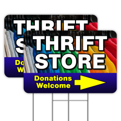 Thrift Store Donations Welcome (Arrow) 2 Pack Yard Signs 16" x 24" - Double-Sided Print, with Metal Stakes (Made in The USA) 841