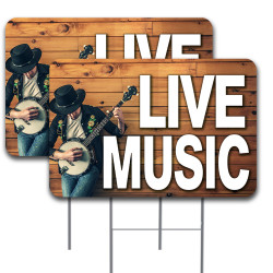 2 Pack Live Music Yard Sign 16" x 24" - Double-Sided Print, with Metal Stakes 841098104412