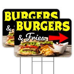 Burgers & Fries (Arrow) 2 Pack Yard Signs 16" x 24" - Double-Sided Print, with Metal Stakes (Made in The USA) 841098106027