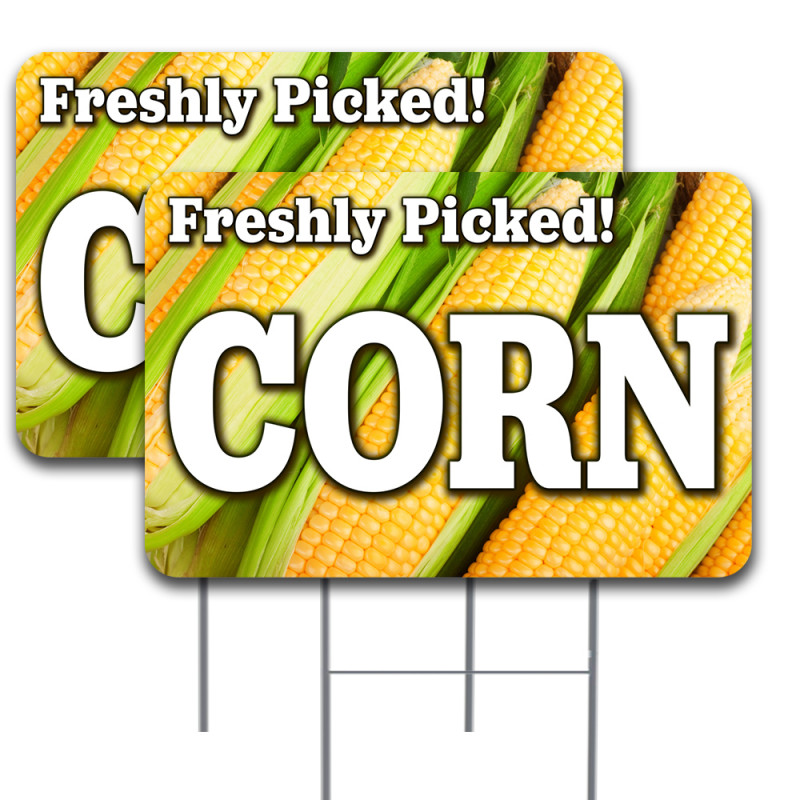 2 Pack Fresh Corn Yard Sign 16" x 24" - Double-Sided Print, with Metal Stakes 841098106393