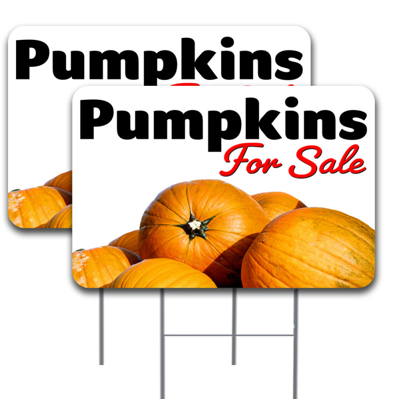 2 Pack Pumpkins for Sale Yard Sign 16" x 24" - Double-Sided Print, with Metal Stakes Made in The USA 841098106652