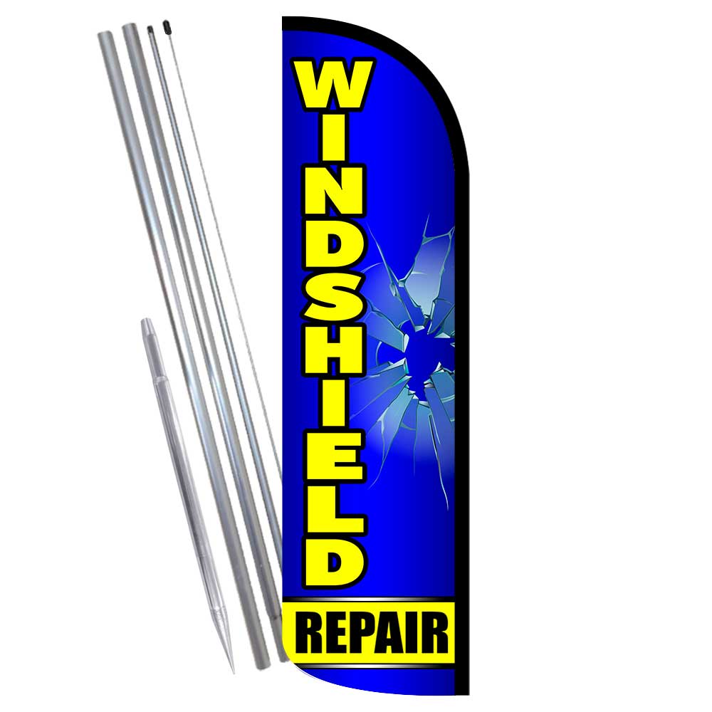 Windshield Repair Premium Windless Feather Flag Bundle (Complete Kit) OR Optiona