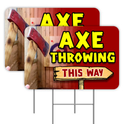 Axe Throwing (Arrow) 2 Pack Double-Sided Yard Signs 16" x 24" with Metal Stakes (Made in Texas)