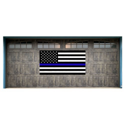 Thin Blue Line US Flag Police Support Vintage Wood Look 42" x 78" Magnetic Garage Banner For Steel Garage Doors