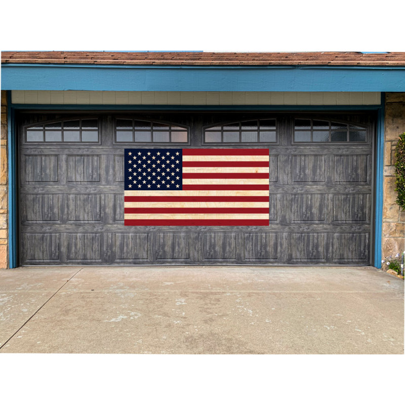 US Flag Wood Look 42" x 78" Magnetic Garage Banner For Steel Garage Doors