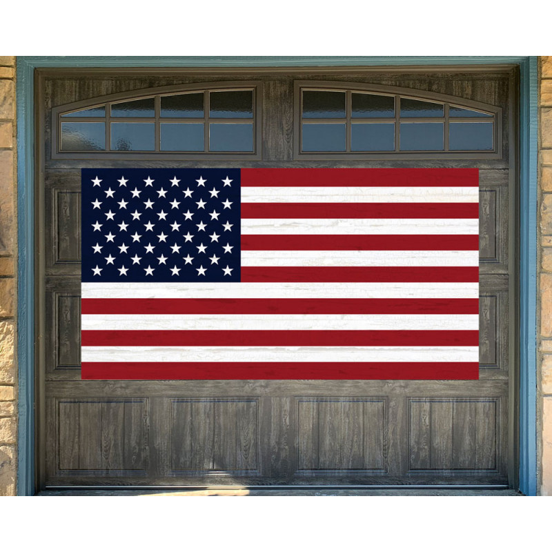 US Flag Vintage Wood Look 42" x 78" Magnetic Garage Banner For Steel Garage Doors