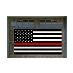Thin Red Line US Flag Firefighter Support Vintage Wood Look 42" x 78" Magnetic Garage Banner For Steel Garage Doors