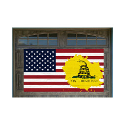 US Flag & Gadsden Flag Vintage Wood Look 42" x 78" Magnetic Garage Banner For Steel Garage Doors
