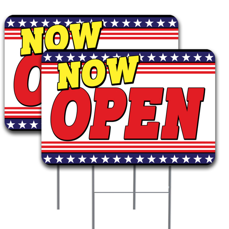 NOW OPEN (Patriotic) 2 Pack Double-Sided Yard Signs 16" x 24" with Metal Stakes (Made in Texas)