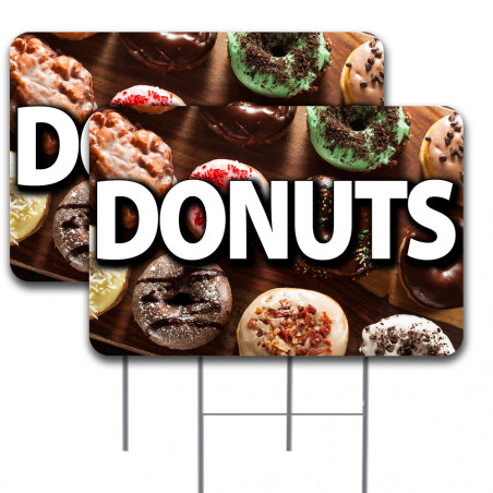 DONUTS 2 Pack Double-Sided Yard Signs 16" x 24" with Metal Stakes (Made in Texas)