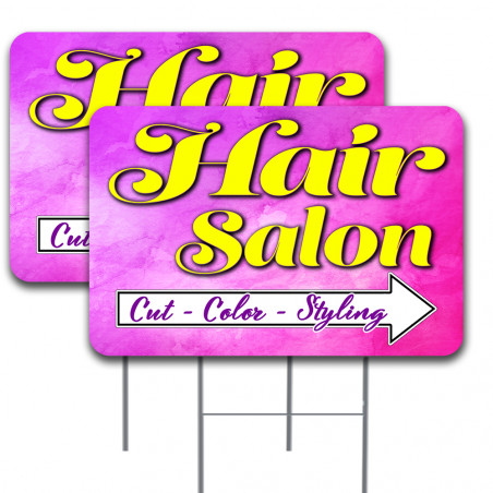 HAIR SALON Arrow 2 Pack Double-Sided Yard Signs 16" x 24" with Metal Stakes (Made in Texas)