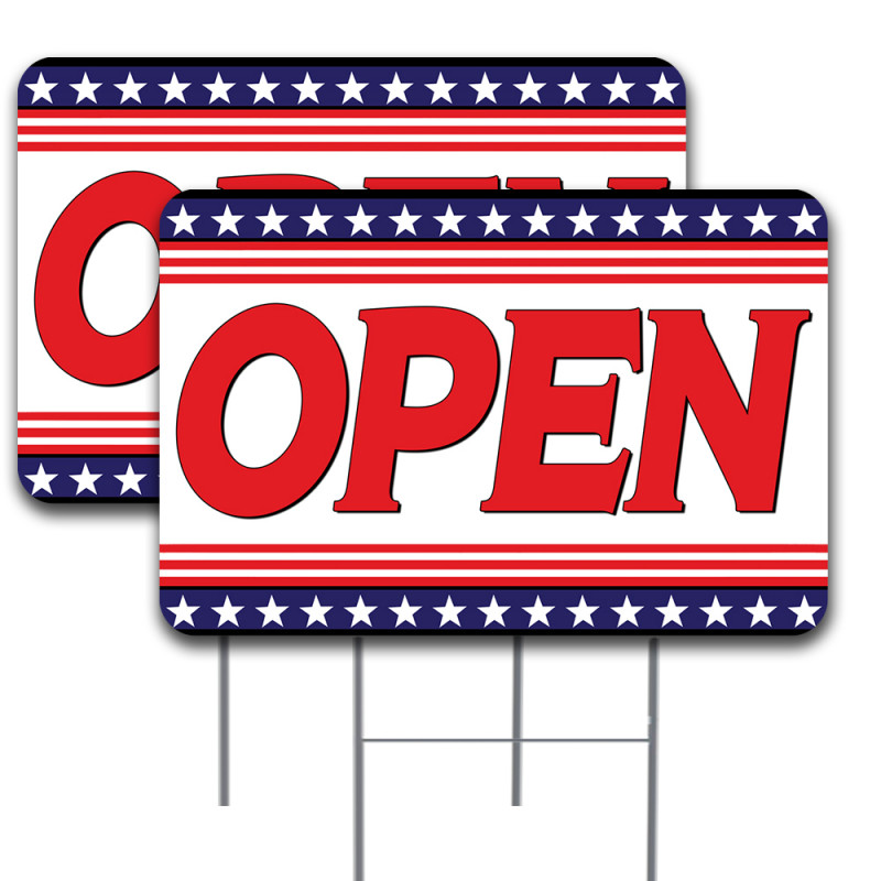 OPEN (Patriotic) 2 Pack Double-Sided Yard Signs 16" x 24" with Metal Stakes (Made in Texas)