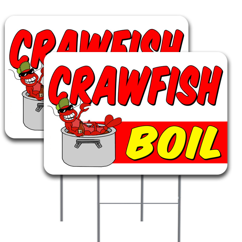 CRAWFISH BOIL 2 Pack Double-Sided Yard Signs 16" x 24" with Metal Stakes (Made in Texas)