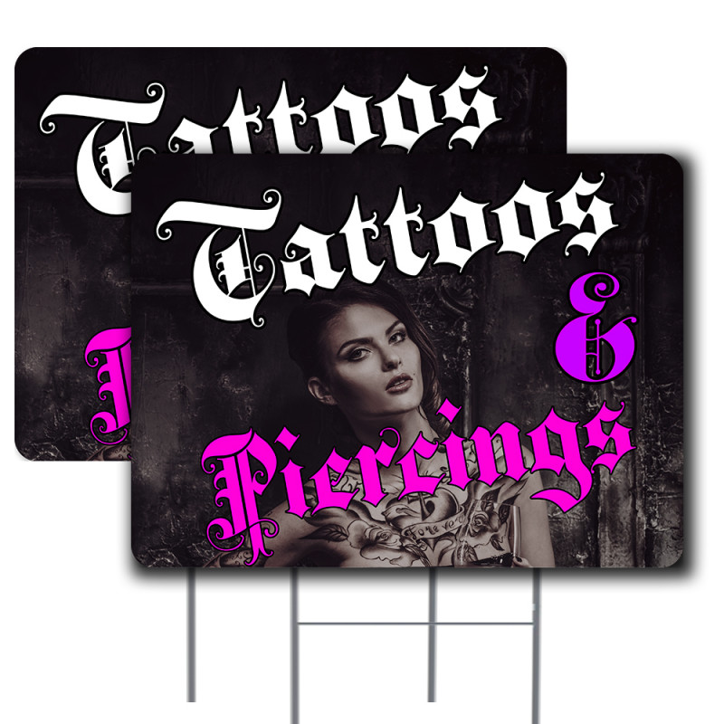 TATTOO & Piercing 2 Pack Double-Sided Yard Signs 16" x 24" with Metal Stakes (Made in Texas)