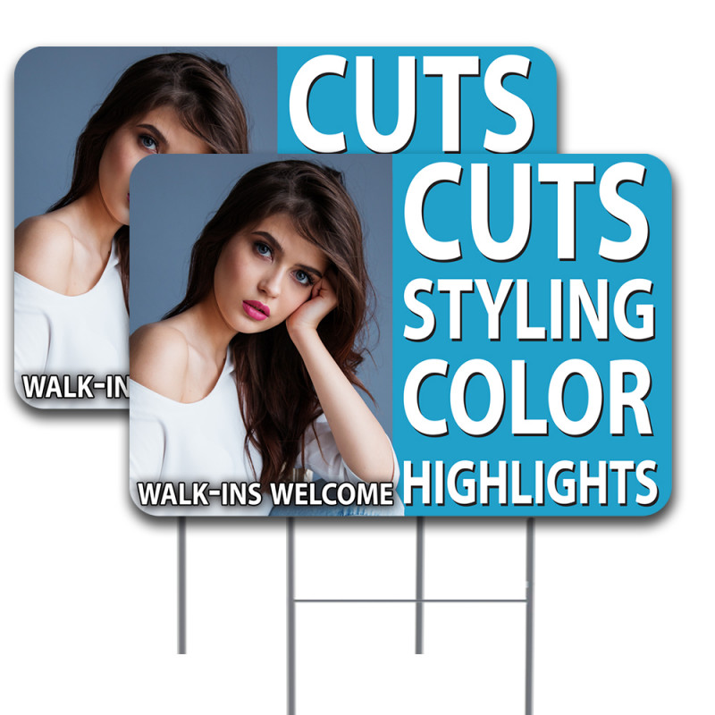 HAIR SALON Cuts Styling Color Highlights 2 Pack Double-Sided Yard Signs 16" x 24" with Metal Stakes (Made in Texas)