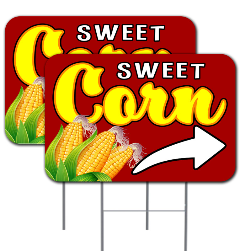 Sweet Corn Arrow  2 Pack Double-Sided Yard Signs 16" x 24" with Metal Stakes (Made in Texas)