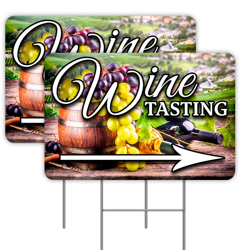 Wine Tasting Arrow 2 Pack Double-Sided Yard Signs 16" x 24" with Metal Stakes (Made in Texas)