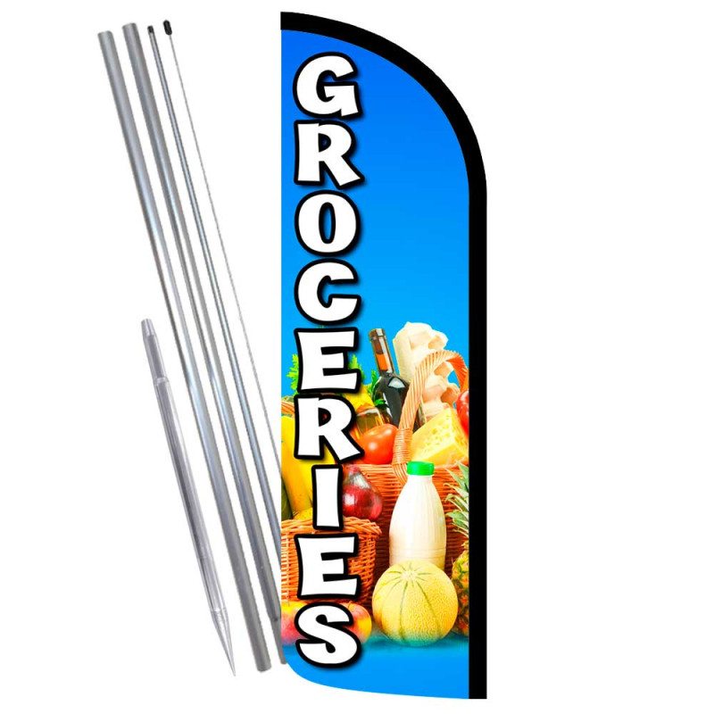 Groceries Premium Windless Feather Flag Bundle (Complete Kit) OR Optional Replacement Flag Only