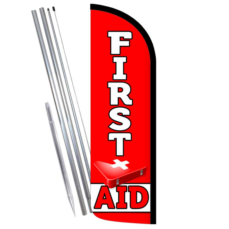 FIRST AID Premium Windless Feather Flag Bundle (Complete Kit) OR Optional Replacement Flag Only