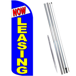 NOW LEASING (Blue) Windless Feather Flag Bundle (Complete Kit) OR Optional Replacement Flag Only