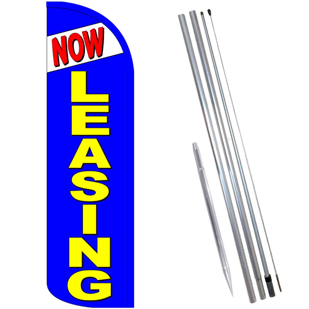 NOW LEASING (Blue) Windless Feather Flag Bundle (Complete Kit) OR Optional Repla